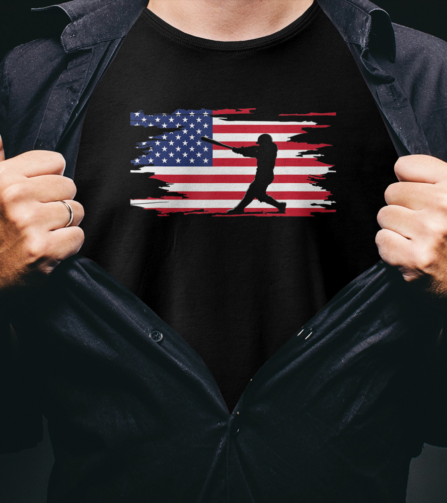 American Flag Baseball Player Silhouette Patriotic Sports T-Shirt
