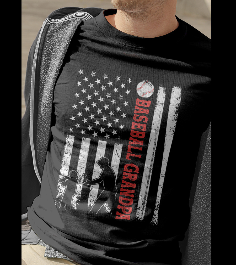 Distressed USA American Flag Baseball Grandpa Silhouette With Bats And Ball T-Shirt