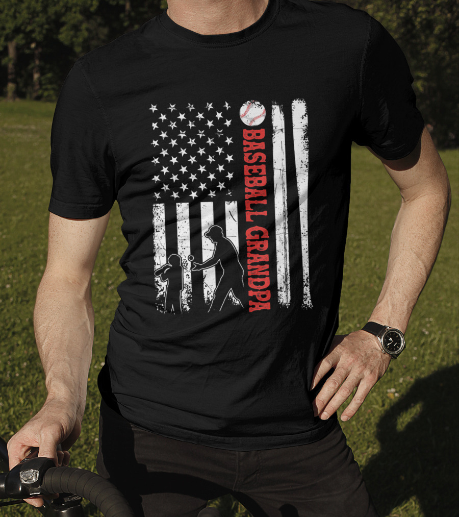 Distressed USA American Flag Baseball Grandpa Silhouette With Bats And Ball T-Shirt