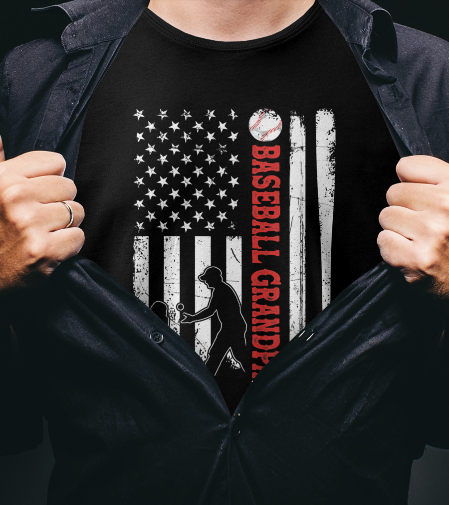 Distressed USA American Flag Baseball Grandpa Silhouette With Bats And Ball T-Shirt