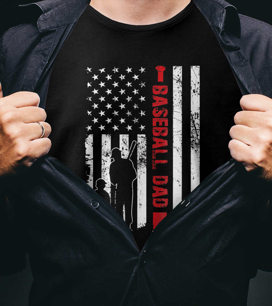 Proud Baseball Dad American Flag Sports T-Shirt
