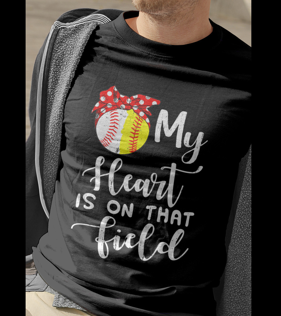 My Heart Is On That Field Baseball Softball Red Polka Dot Bow T-Shirt