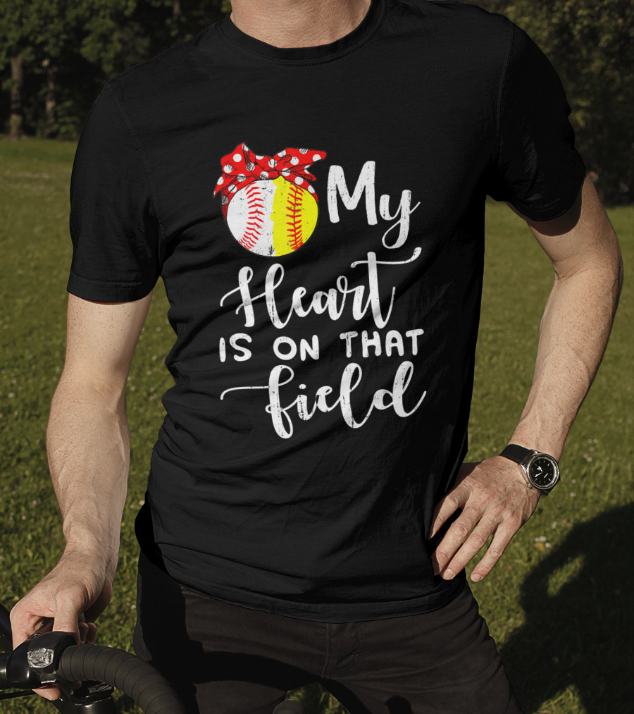 My Heart Is On That Field Baseball Softball Red Polka Dot Bow T-Shirt