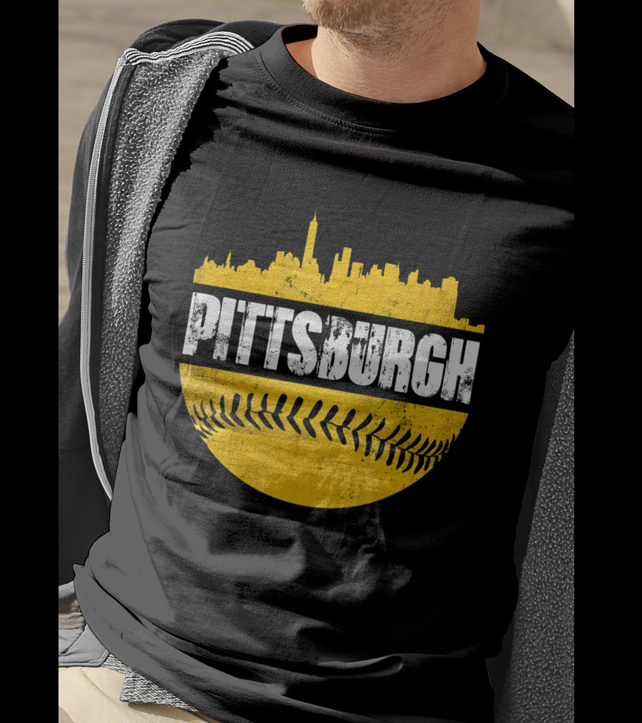 Pittsburgh Baseball Cityscape Distressed Look With Baseball Stitching T-Shirt