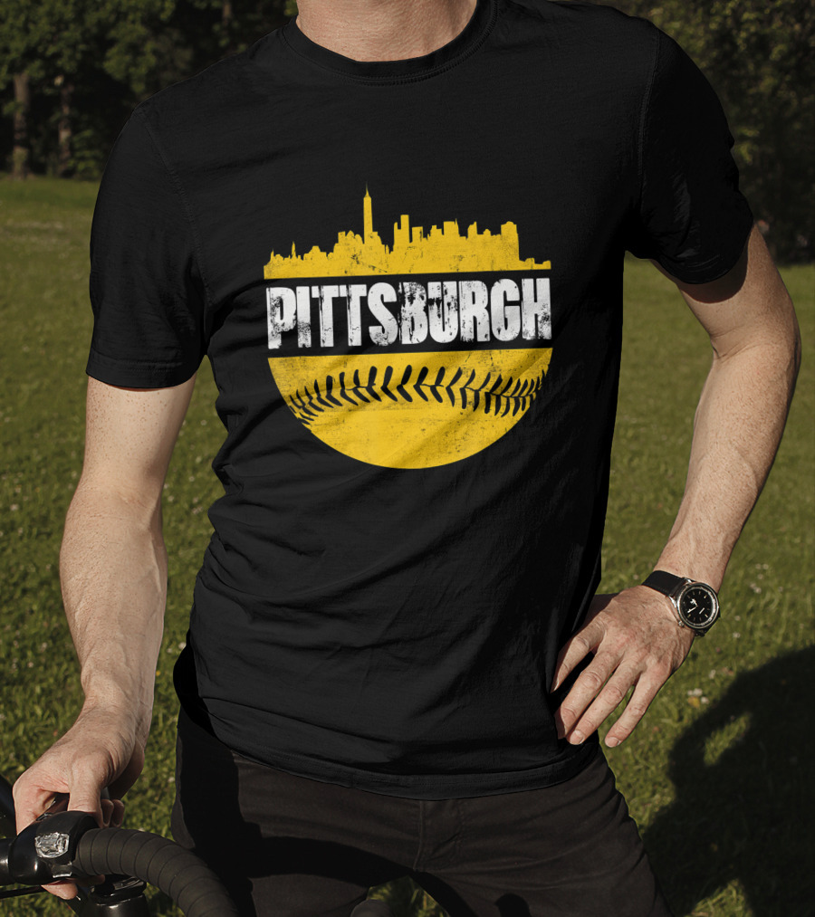 Pittsburgh Baseball Cityscape Distressed Look With Baseball Stitching T-Shirt