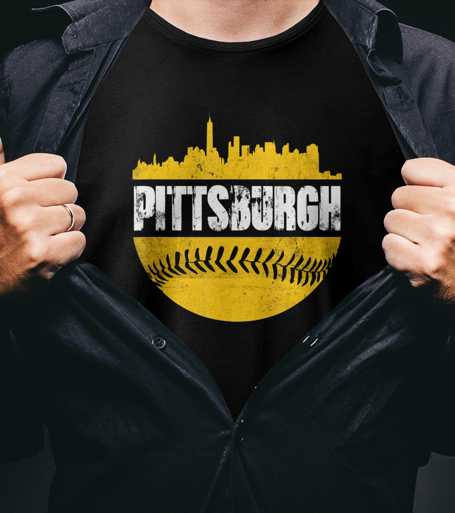 Pittsburgh Baseball Cityscape Distressed Look With Baseball Stitching T-Shirt