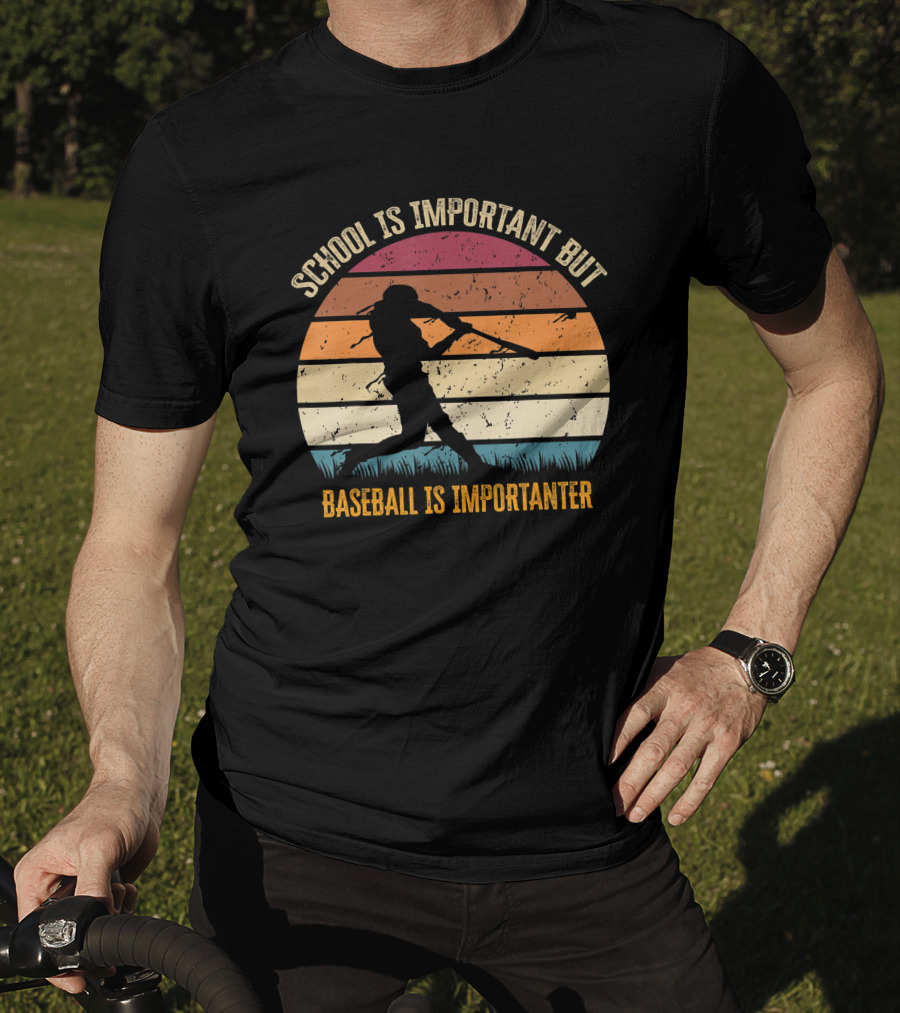 School Is Important But Baseball Is Importanter Retro Sunset Baseball Player T-Shirt