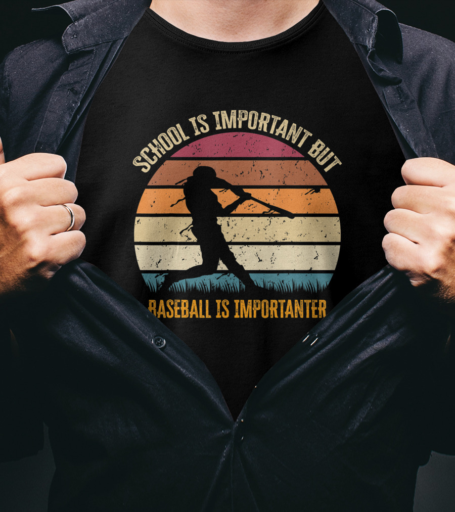 School Is Important But Baseball Is Importanter Retro Sunset Baseball Player T-Shirt