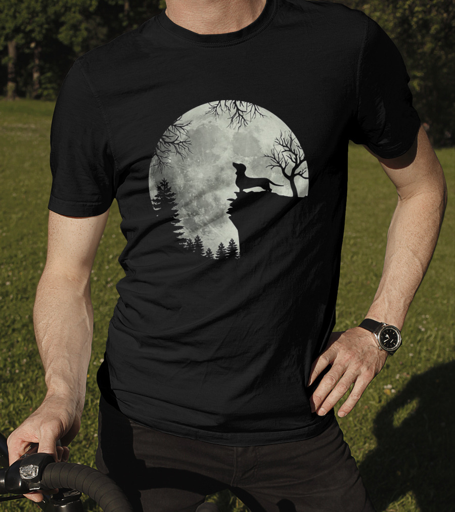 Dachshund Silhouette Howling At Full Moon In Forest Night Scene T-Shirt