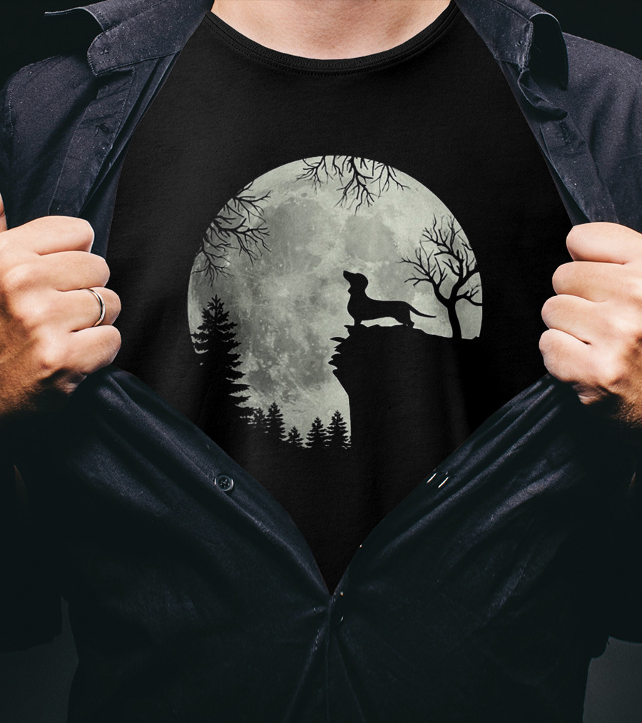 Dachshund Silhouette Howling At Full Moon In Forest Night Scene T-Shirt