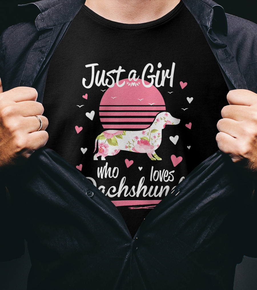 Just A Girl Who Loves Dachshunds Pink Floral Sunset Hearts T-Shirt