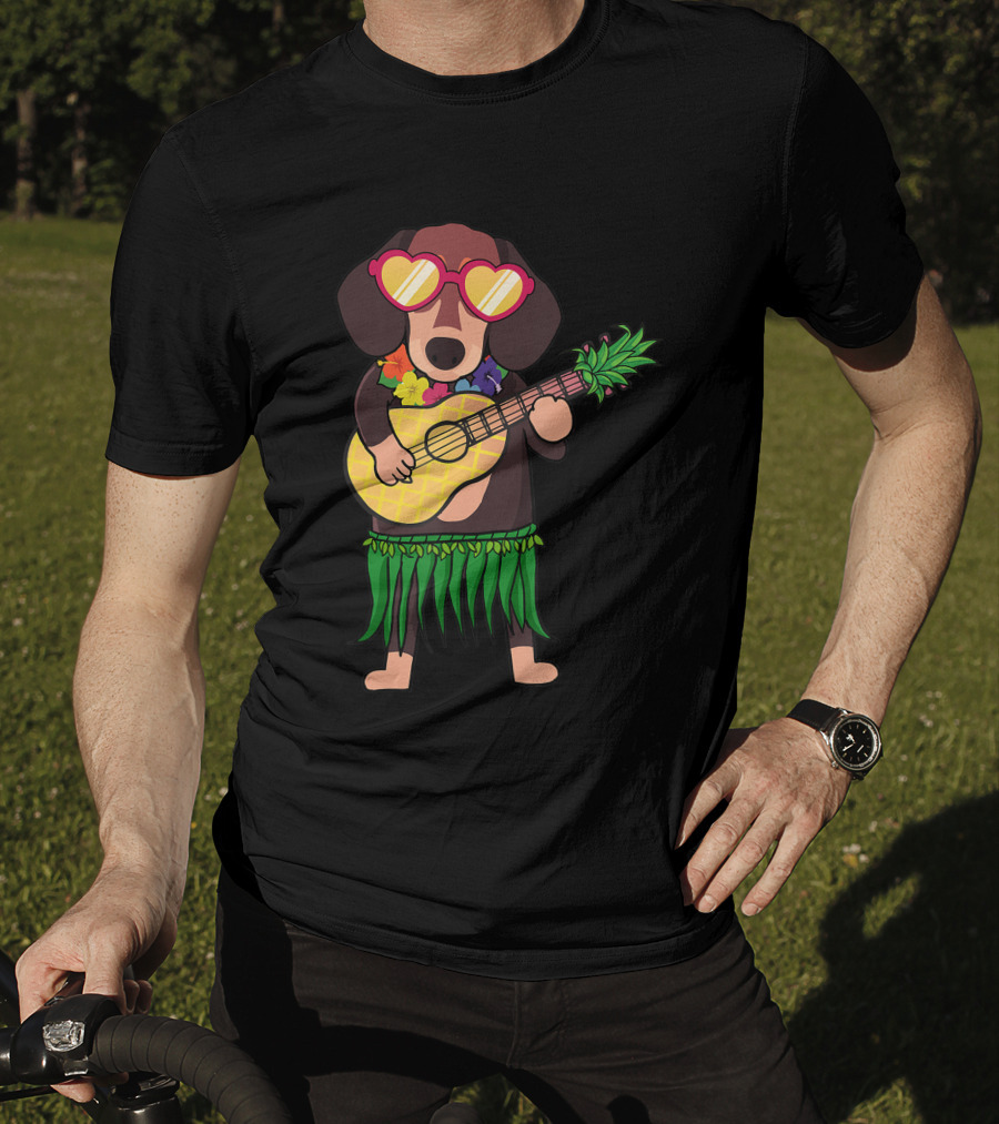 Dachshund Hawaiian Ukulele Player In Summer Costume With Sunglasses T-Shirt