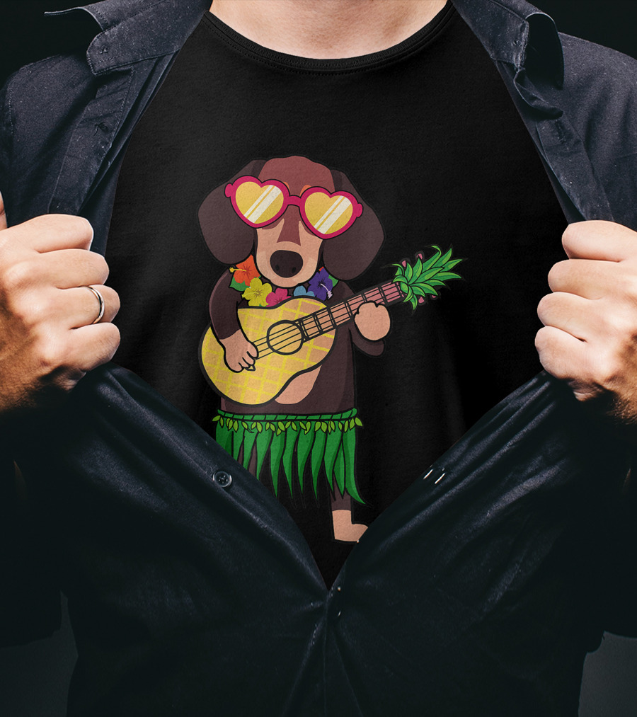 Dachshund Hawaiian Ukulele Player In Summer Costume With Sunglasses T-Shirt