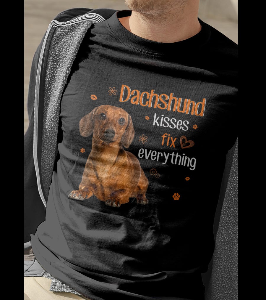 Dachshund Kisses Fix Everything Dachshund Lover Orange Paw Prints T-Shirt