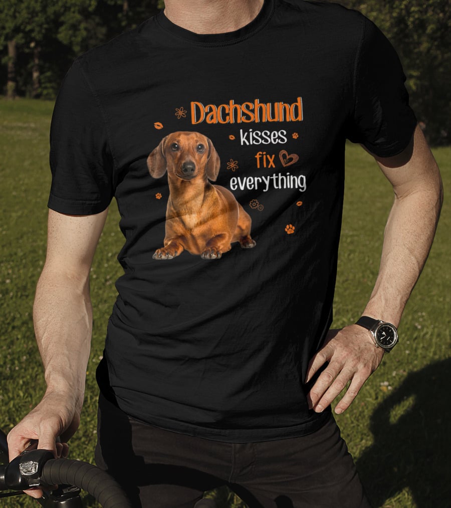 Dachshund Kisses Fix Everything Dachshund Lover Orange Paw Prints T-Shirt