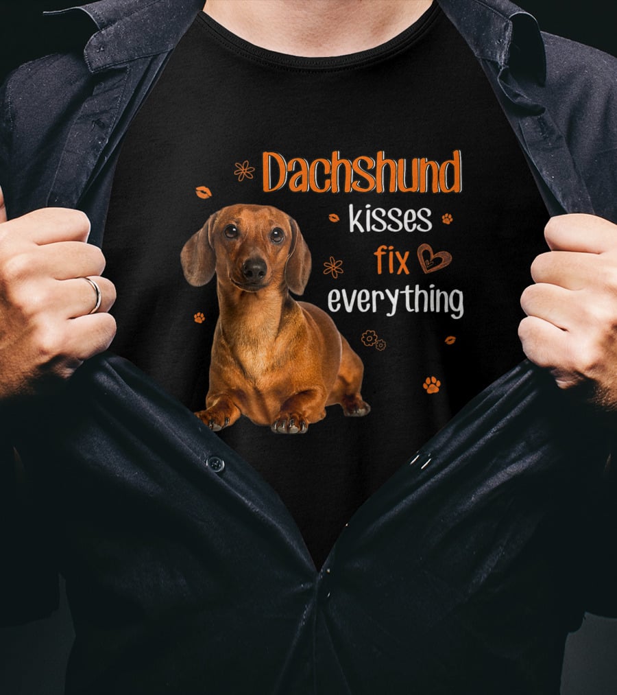 Dachshund Kisses Fix Everything Dachshund Lover Orange Paw Prints T-Shirt