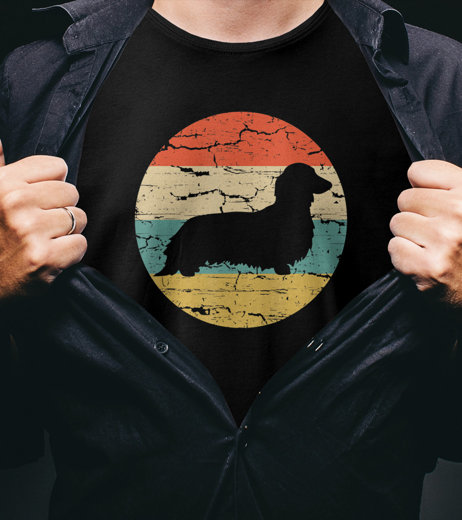 Dachshund Long Haired Dog Vintage Retro Stripes T-Shirt