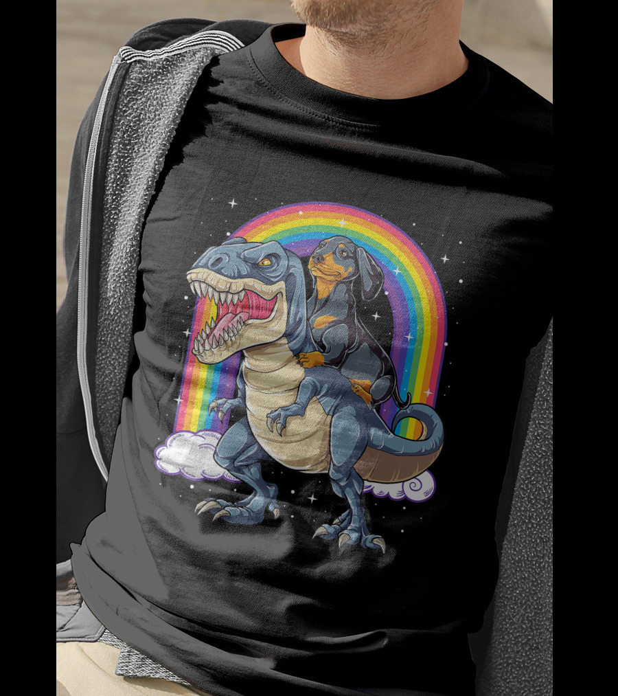 Dachshund Riding Dinosaur Rex T-Shirt