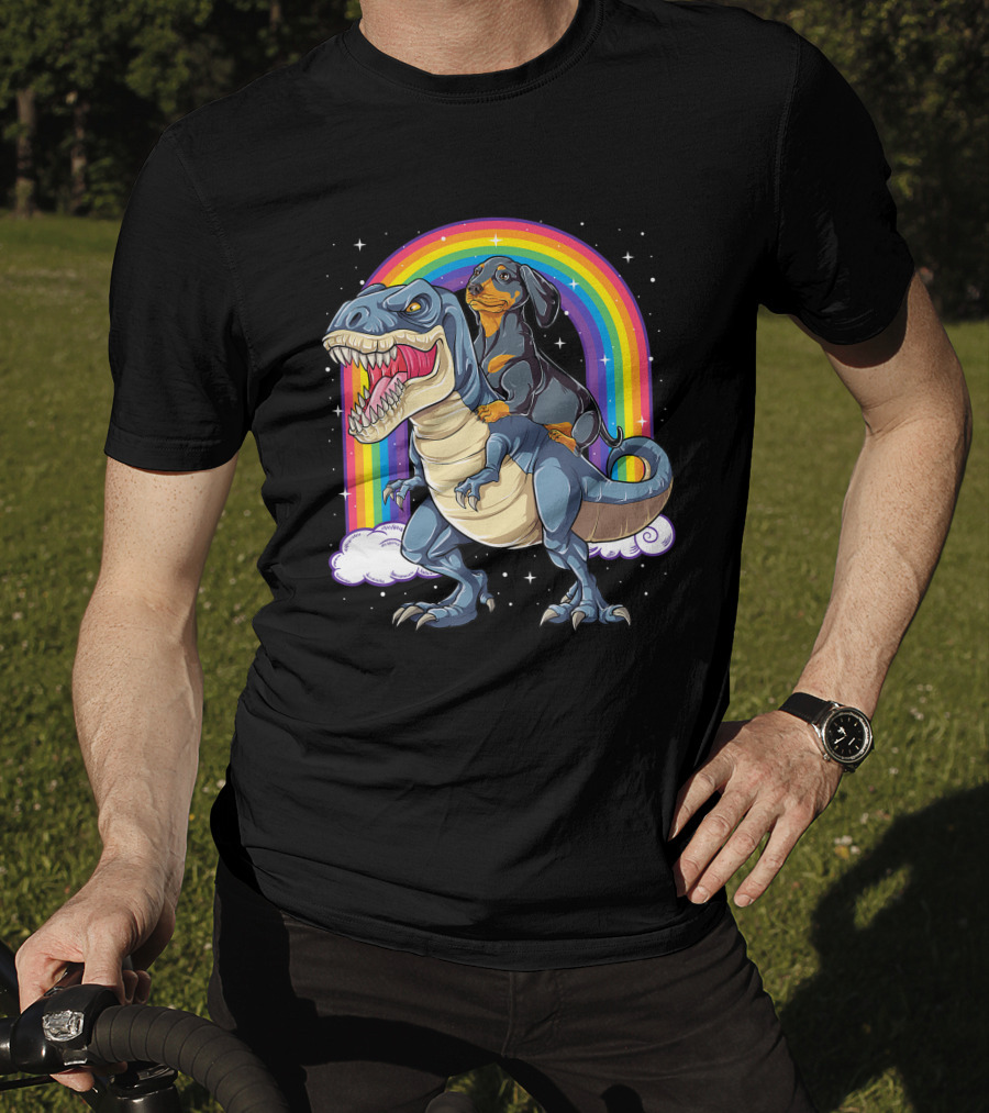 Dachshund Riding Dinosaur Rex T-Shirt