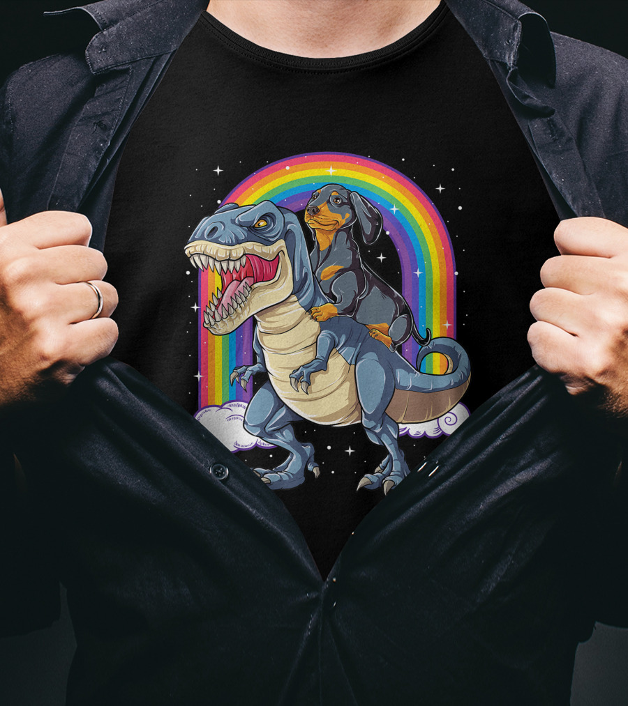 Dachshund Riding Dinosaur Rex T-Shirt