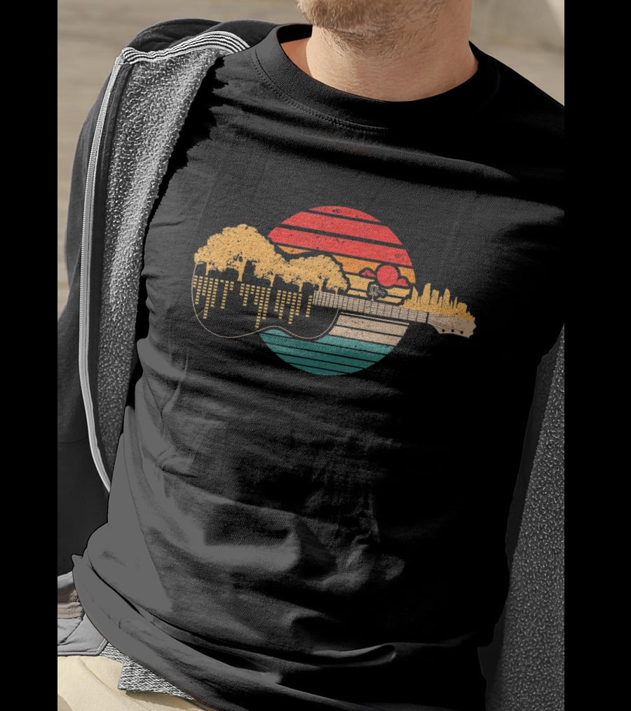 Disc Golf Flying Disc Sunset Guitar Landscape City Skyline T-Shirt