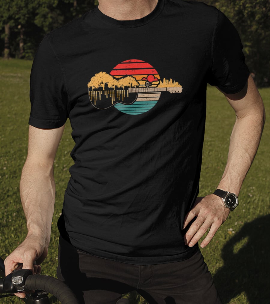 Disc Golf Flying Disc Sunset Guitar Landscape City Skyline T-Shirt