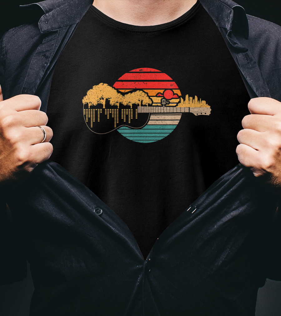 Disc Golf Flying Disc Sunset Guitar Landscape City Skyline T-Shirt