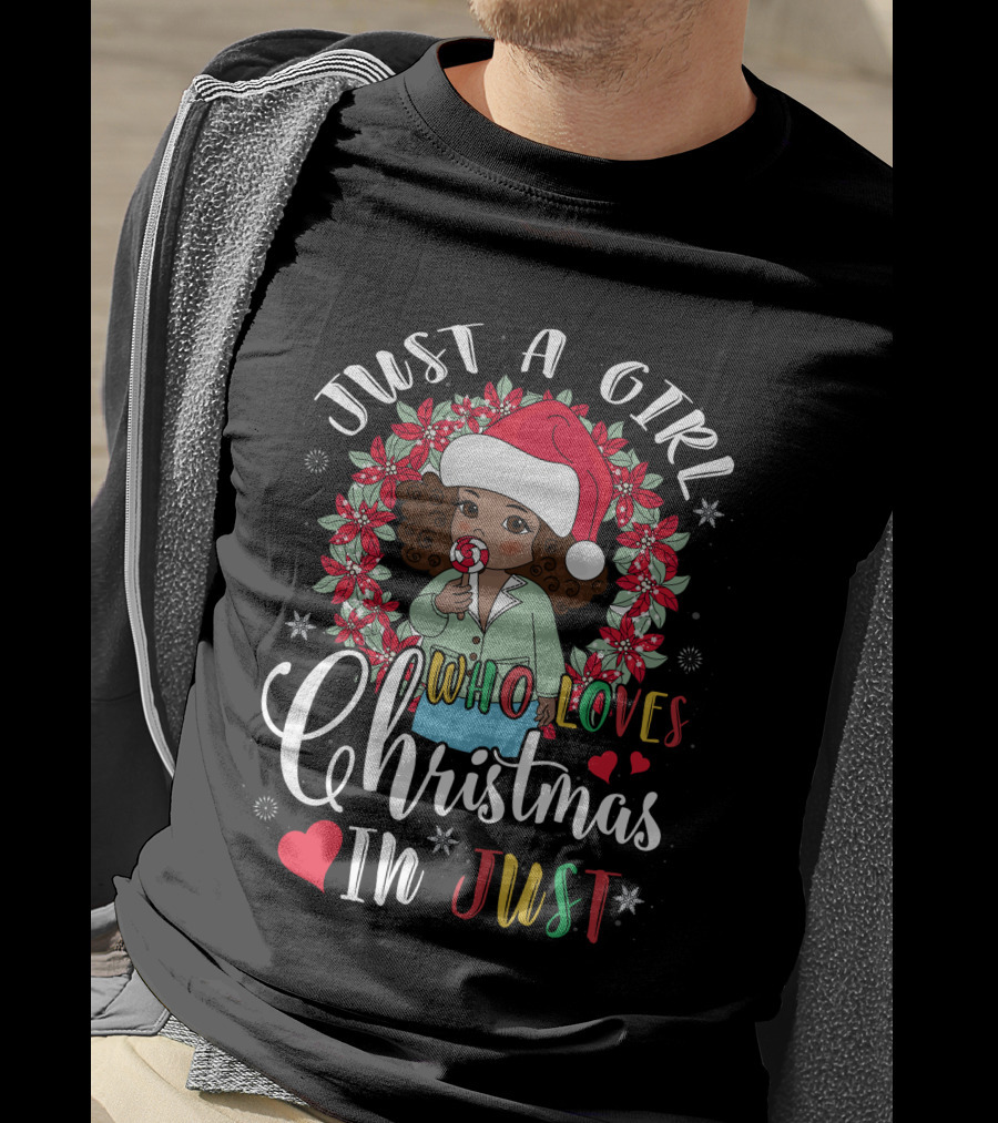 Just A Girl Who Loves Christmas In Just Santa Hat Candy Cane Wreath T-Shirt