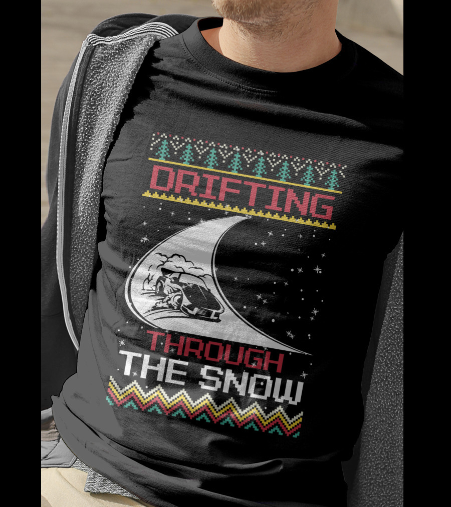 Drifting Through The Snow Racing Car Christmas Trees Snowflakes T-Shirt