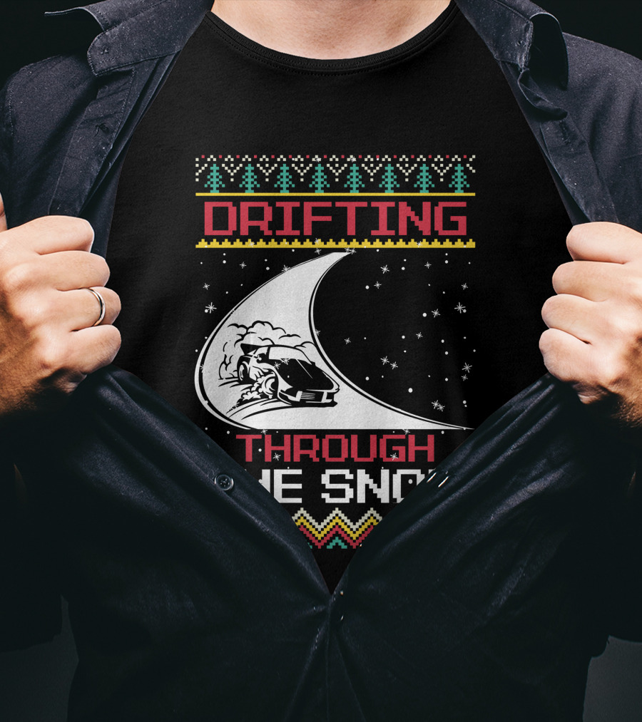 Drifting Through The Snow Racing Car Christmas Trees Snowflakes T-Shirt