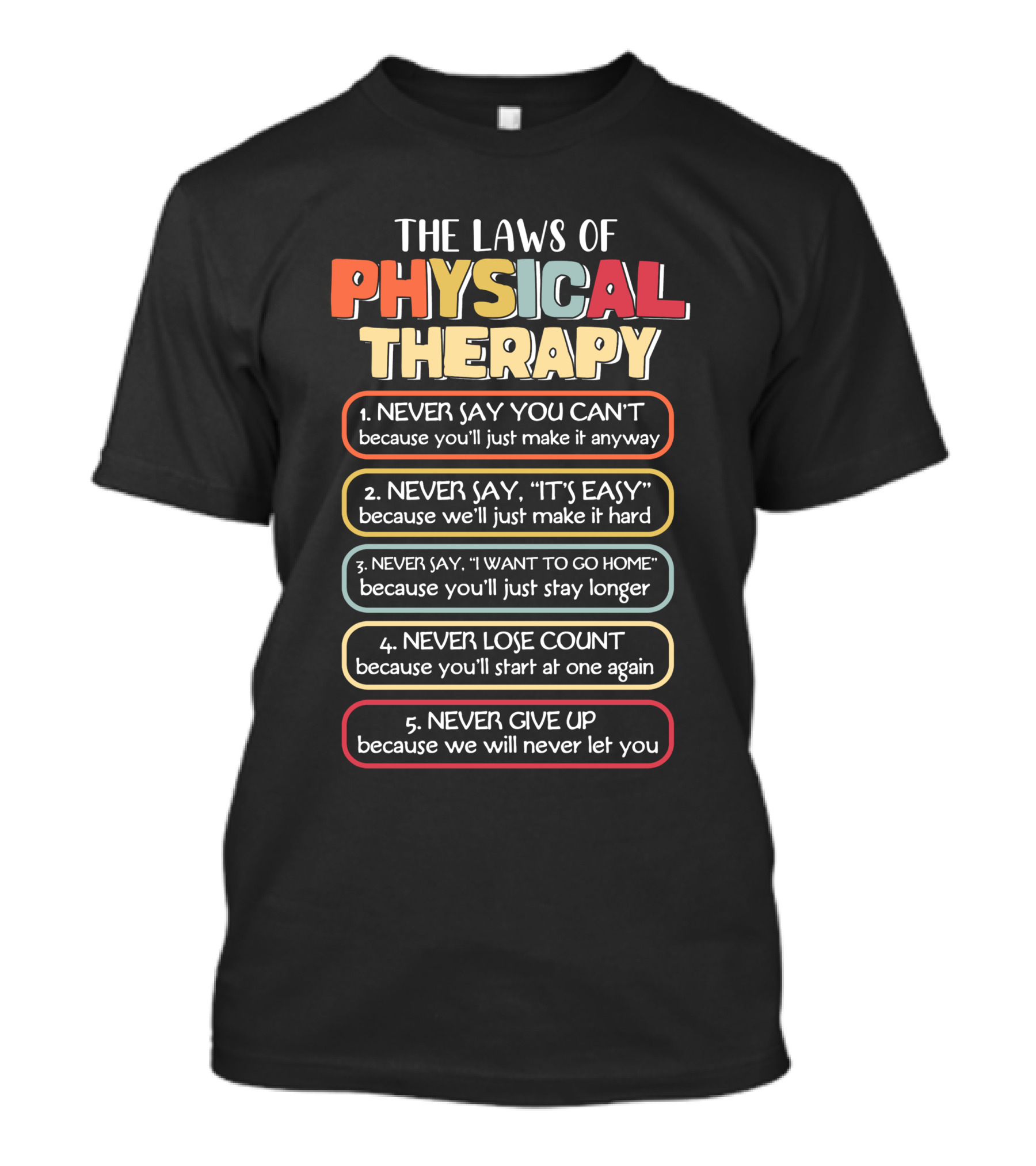 The Laws Of Physical Therapy: Motivational Goals To Never Say You Can't, It's Easy, I Want To Go Home, Never Lose Count, Never Give Up T-Shirt