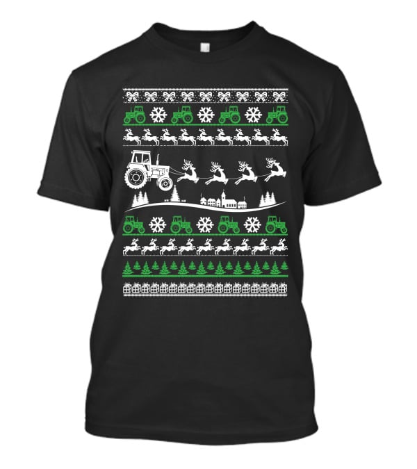Funny Christmas Farmer Tractor Reindeer Snowflakes Trees T-Shirt