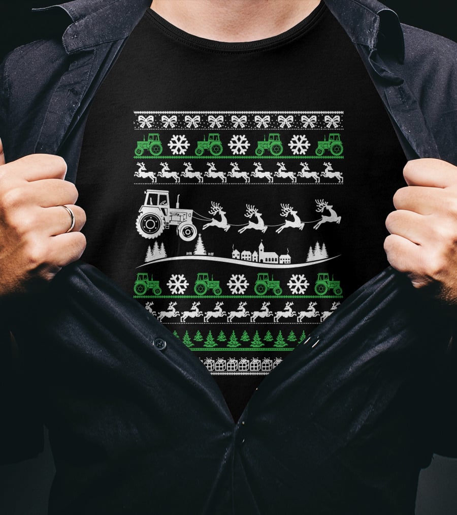 Funny Christmas Farmer Tractor Reindeer Snowflakes Trees T-Shirt