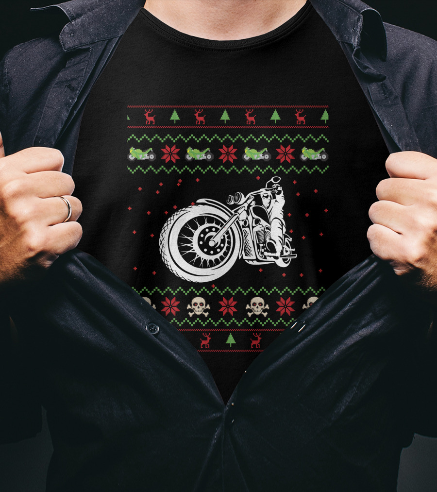 Motorbike Ugly Christmas Sweater Skulls And Reindeer T-Shirt