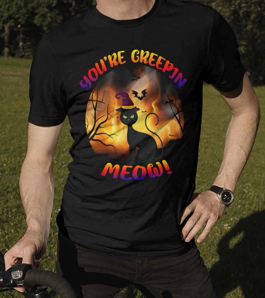 You’re Creepin Meow Halloween Cat Bat Scene T-Shirt