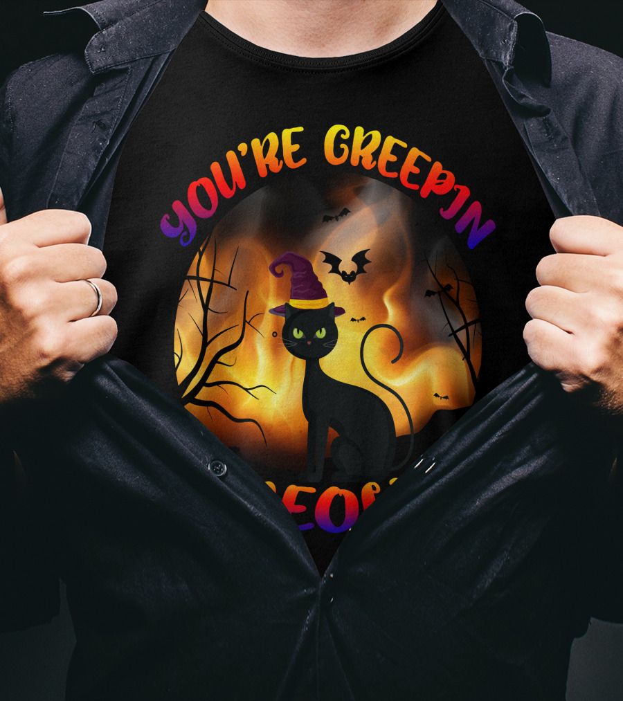 You’re Creepin Meow Halloween Cat Bat Scene T-Shirt