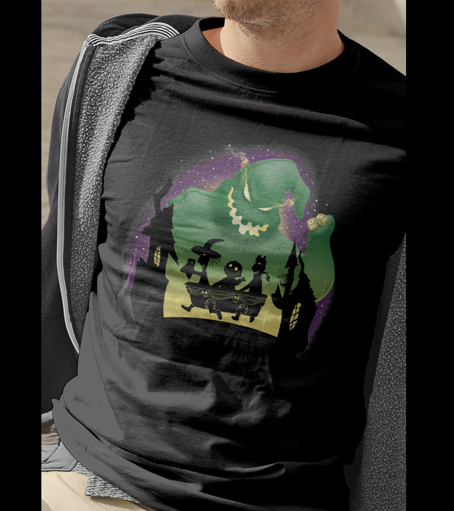 Boogie Lock Shock And Barrel Silhouette Against Green Monster And Haunted House Background T-Shirt