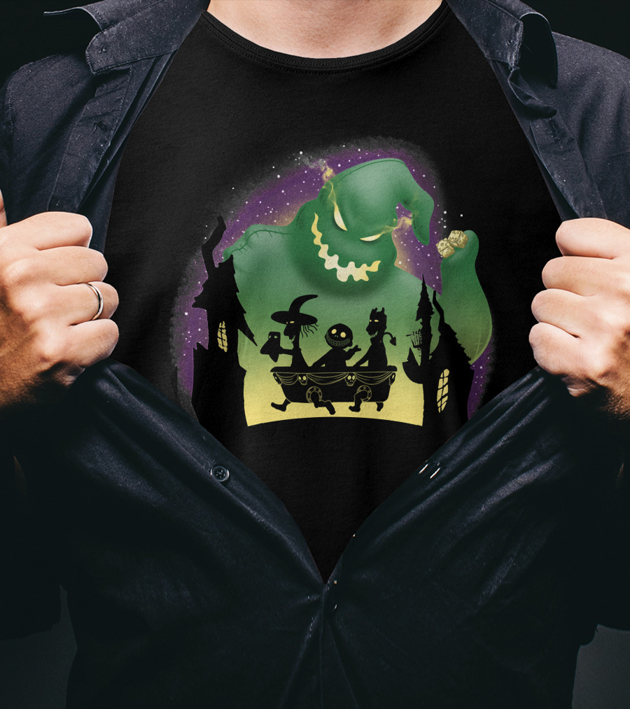 Boogie Lock Shock And Barrel Silhouette Against Green Monster And Haunted House Background T-Shirt