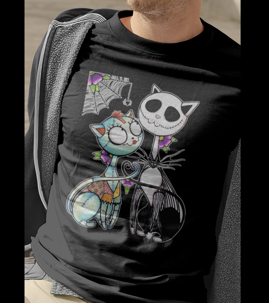 Jack Skellington Cat And Sally Cat With Heart Umbrella And Stitching Elements T-Shirt