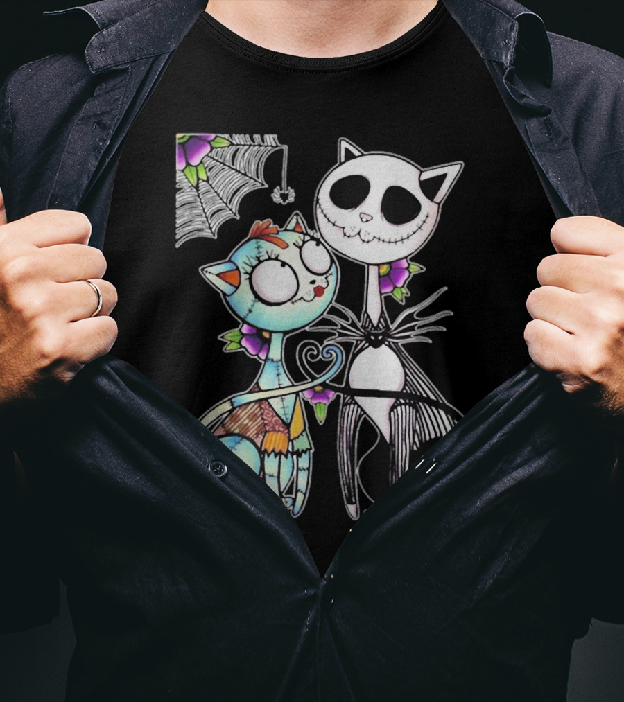 Jack Skellington Cat And Sally Cat With Heart Umbrella And Stitching Elements T-Shirt
