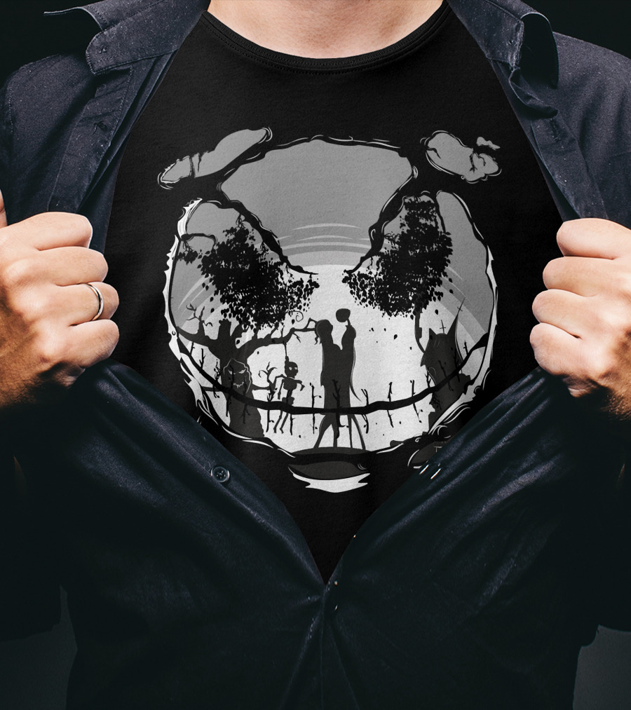 Jack And Sally Embrace In Spooky Forest Scene T-Shirt