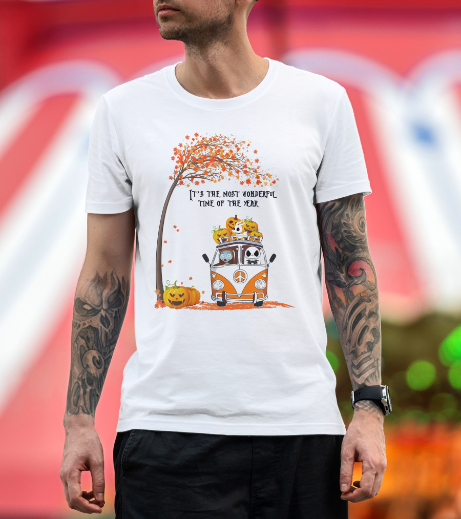It's The Most Wonderful Time of the Year Jack Sally Zero and Pumpkin in Van with Tree and Autumn Leaves T-Shirt