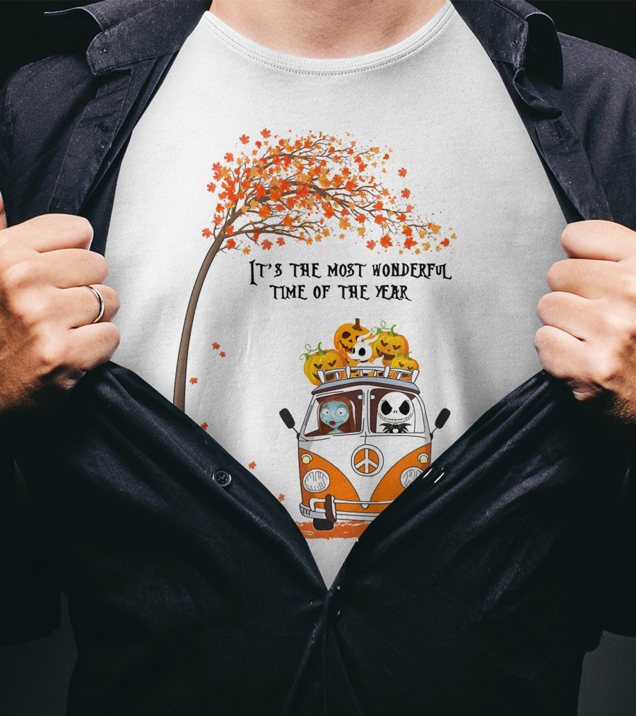 It's The Most Wonderful Time Of The Year Jack Sally Zero And Pumpkin In Van With Tree And Autumn Leaves T-Shirt