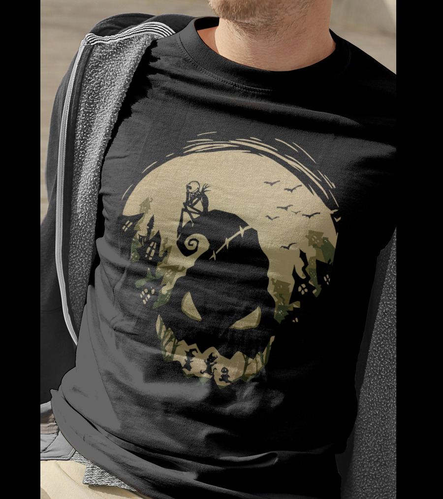 Jack Skellington Sitting On Curved Hilltop Over Oogie Boogie With Walking Figures And Bats In Spooky Moonlit Landscape T-Shirt