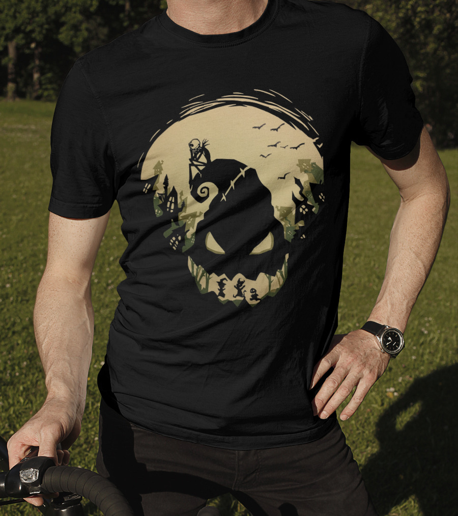 Jack Skellington Sitting On Curved Hilltop Over Oogie Boogie With Walking Figures And Bats In Spooky Moonlit Landscape T-Shirt