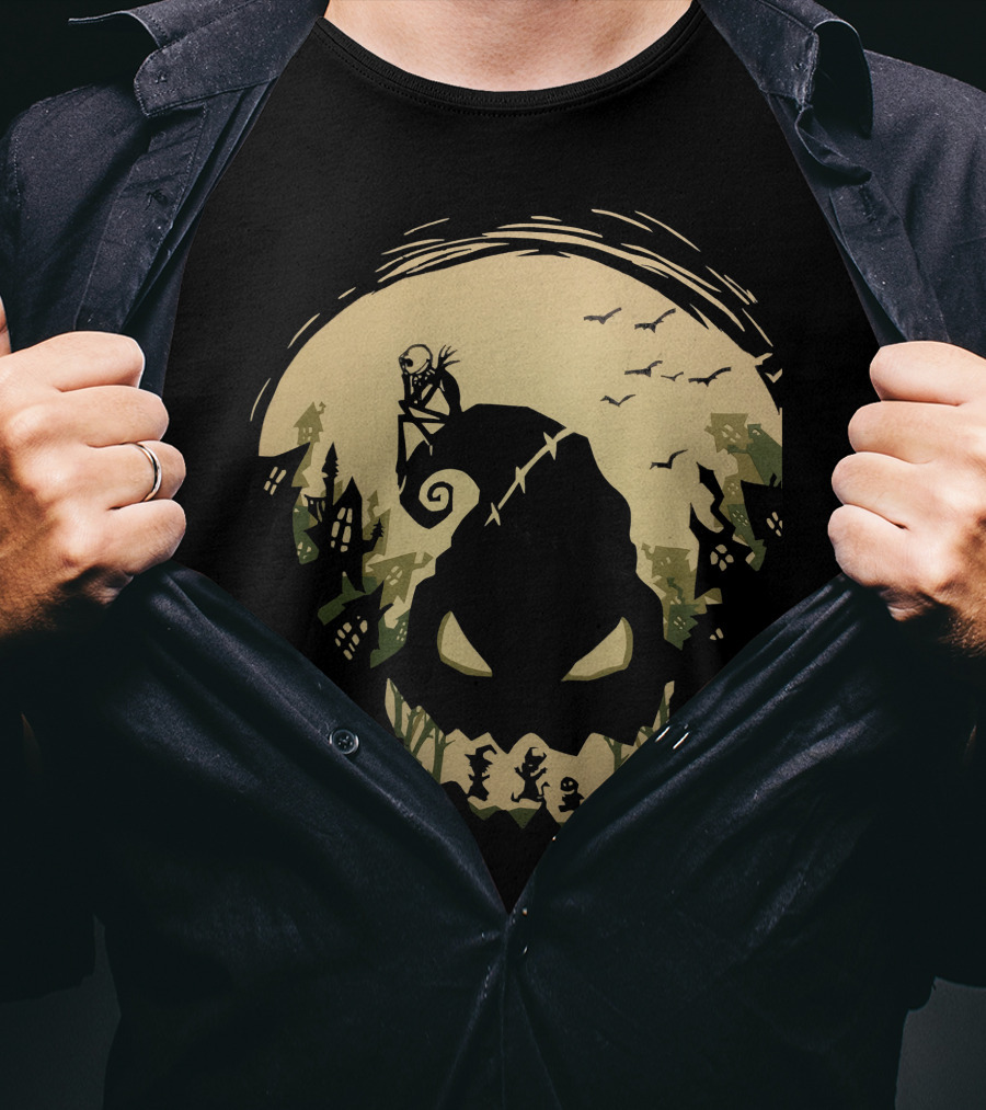 Jack Skellington Sitting On Curved Hilltop Over Oogie Boogie With Walking Figures And Bats In Spooky Moonlit Landscape T-Shirt
