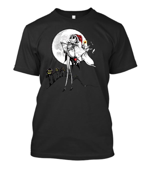 Jack Skellington Zero With Santa Hat And Full Moon Halloween Scene T-Shirt