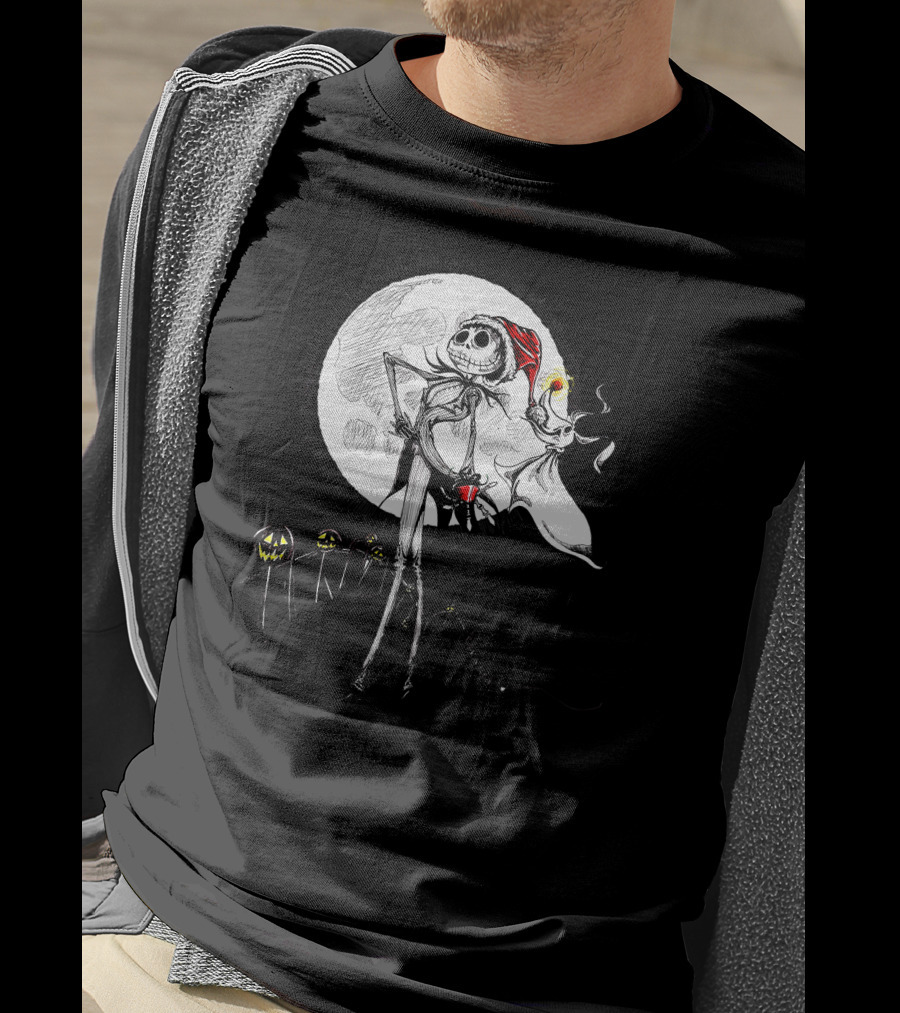 Jack Skellington Zero With Santa Hat And Full Moon Halloween Scene T-Shirt