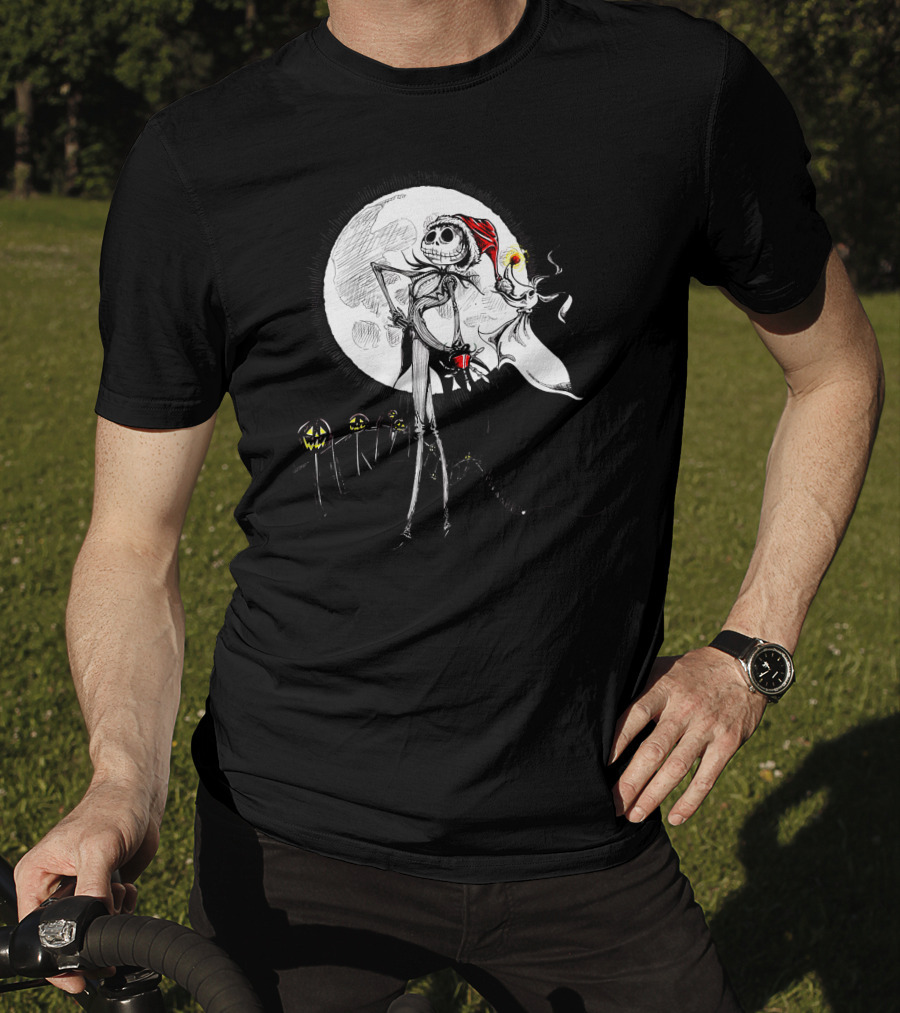 Jack Skellington Zero With Santa Hat And Full Moon Halloween Scene T-Shirt
