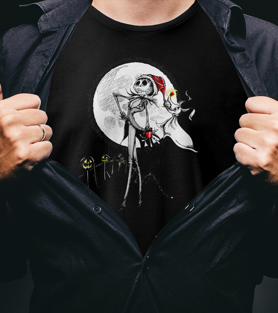 Jack Skellington Zero With Santa Hat And Full Moon Halloween Scene T-Shirt